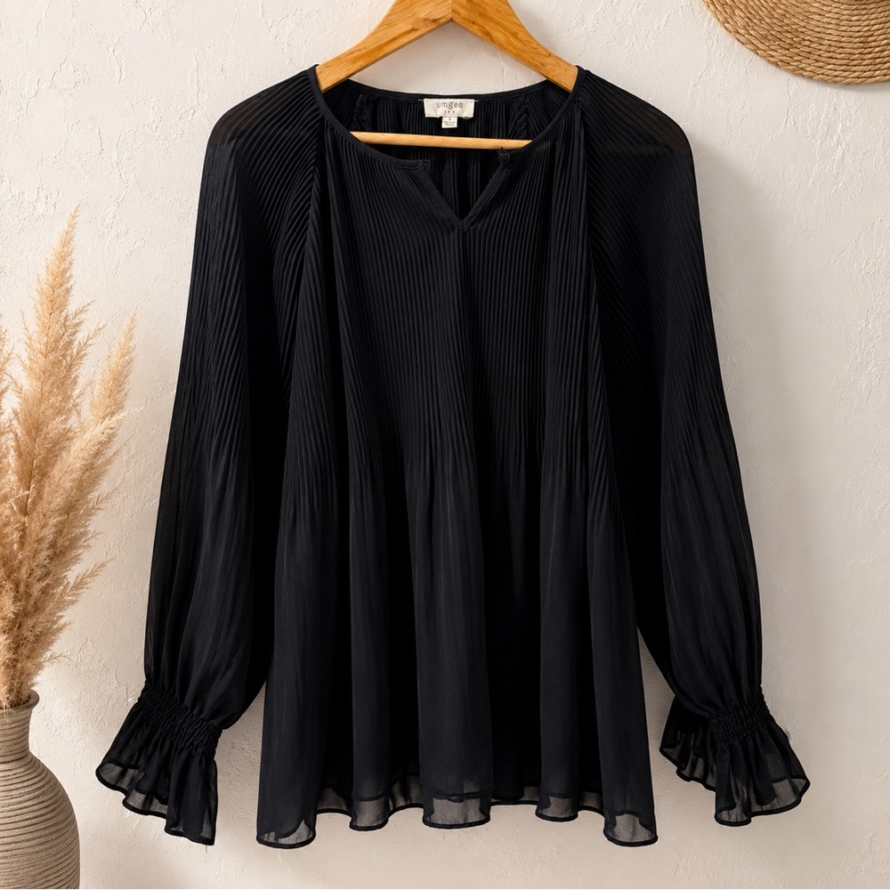 Umgee Black Accordion Box Pleated Sheer Blouse | Romantic Boho Flowy Tunic Top S - Picture 2 of 8